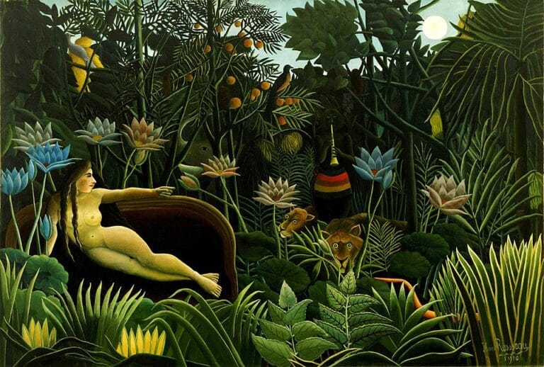 Cena onírica de floresta com figura feminina, leões e músico – evocando sonho e projeção astral