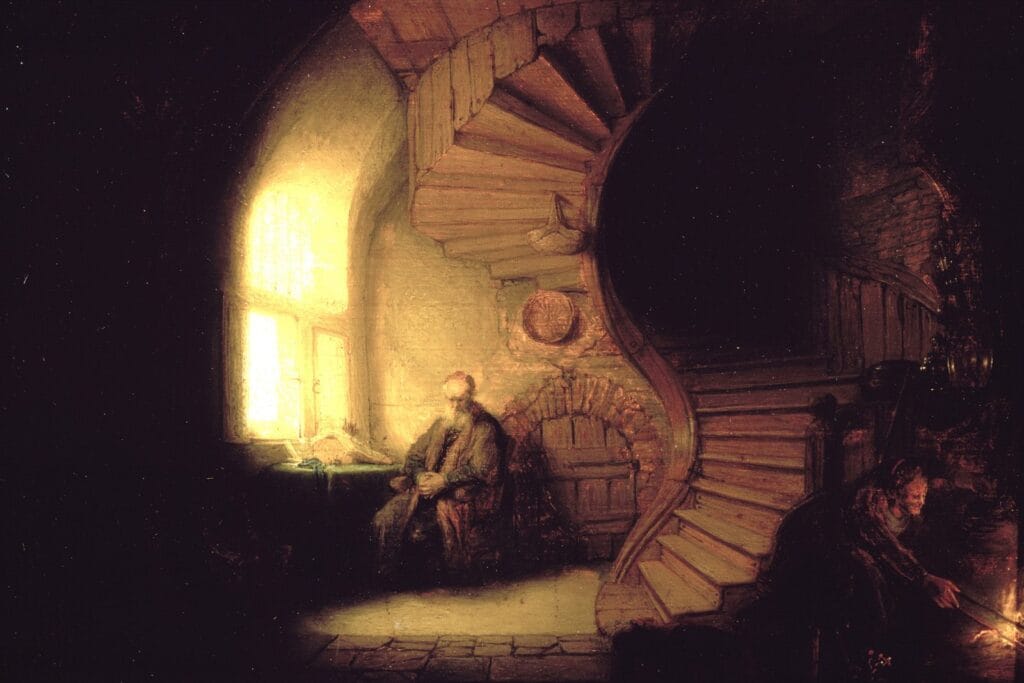 Filósofo em Meditação (1632), de Rembrandt. A representação visual do Cogito: após duvidar de tudo, a única certeza emerge da luz interior da própria consciência.