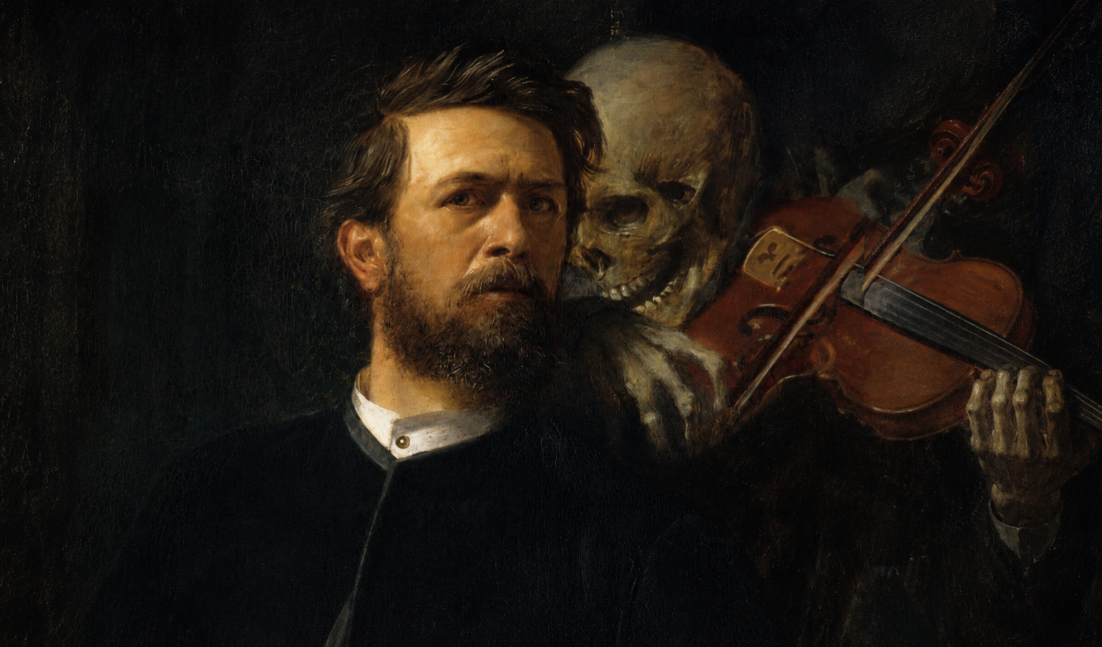 Autorretrato de Arnold Böcklin com a figura da Morte tocando violino atrás do artista.