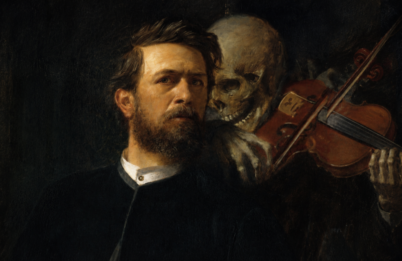 Autorretrato de Arnold Böcklin com a figura da Morte tocando violino atrás do artista.