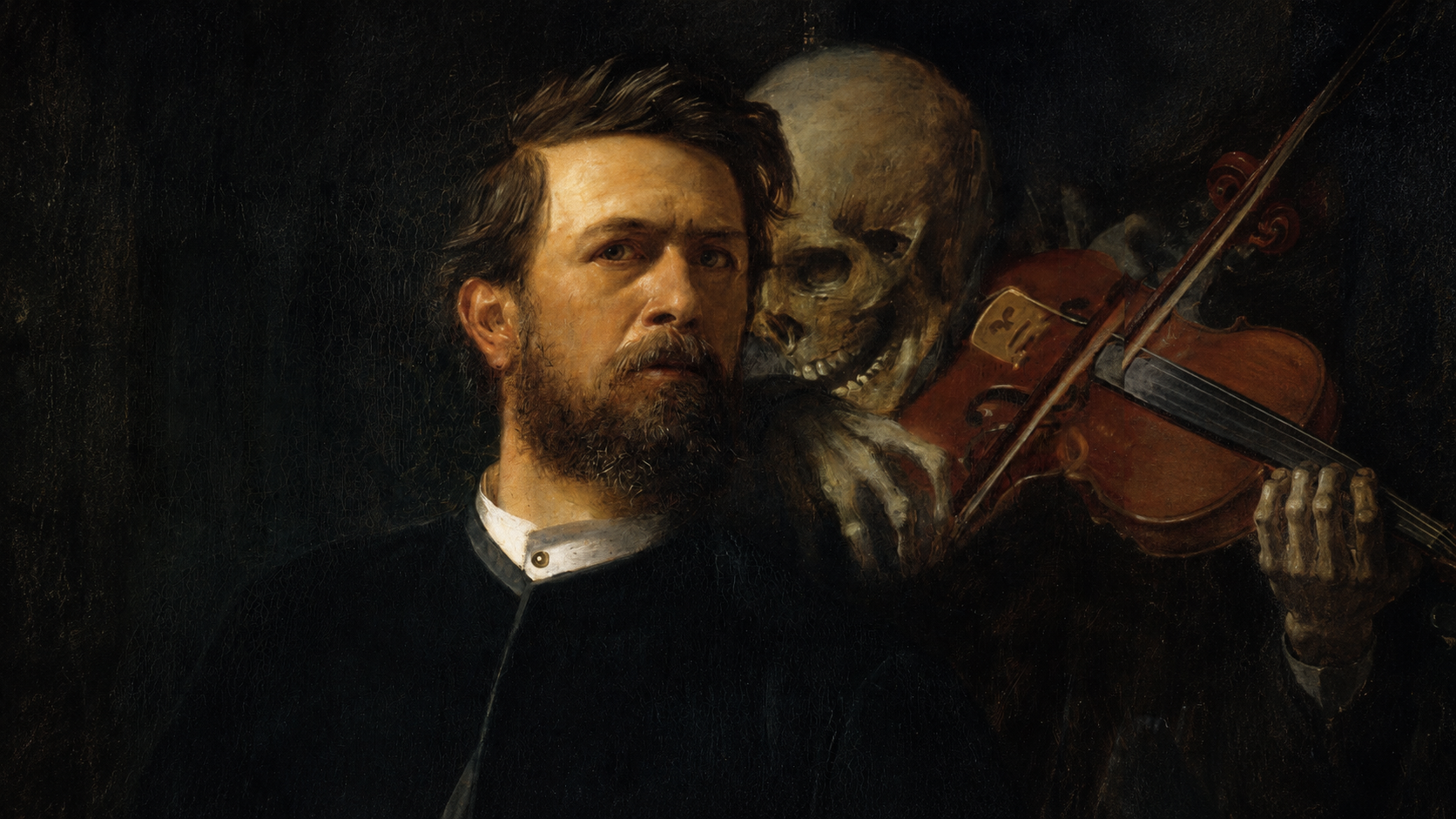 Autorretrato de Arnold Böcklin com a figura da Morte tocando violino atrás do artista.