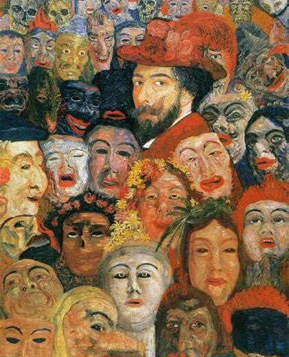 James Ensor cercado por máscaras em Autorretrato com Máscaras, de 1899.